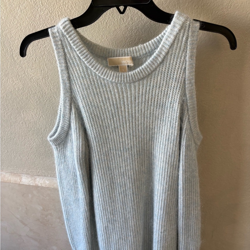 Michael Kors Soft Blue Ribbed Cold Shoulder Sweater